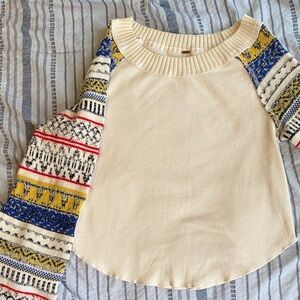 Free People Cream Top with Colorful Sleeves